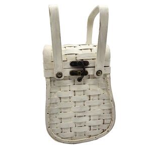 Vintage White Woven Wood Basket Purse Handbag Swing Clasp Hinged Handles